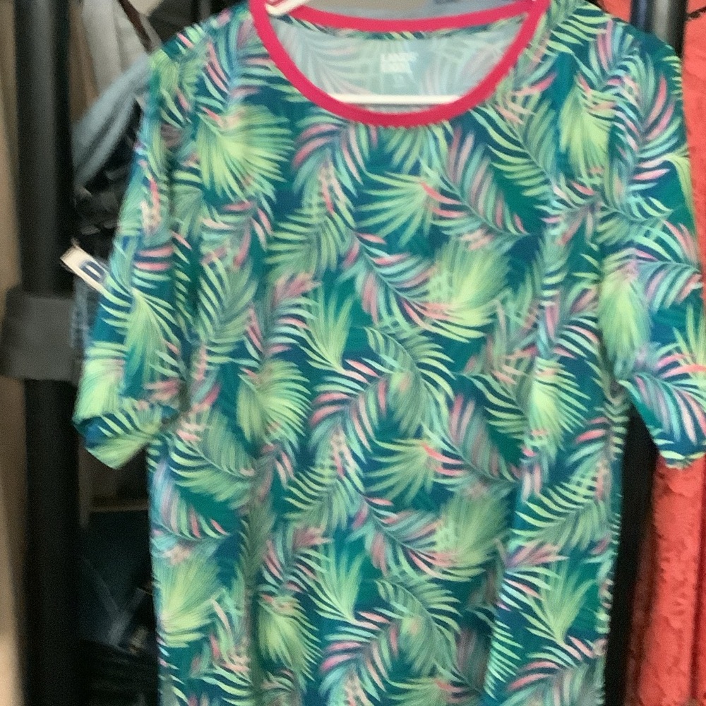 Lands' End Leaf Pattern Shirt with Green and Pink